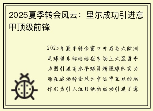 2025夏季转会风云：里尔成功引进意甲顶级前锋